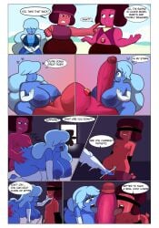 1girls 2futas bangs_over_eyes big_ass big_balls big_breasts big_penis blindfold blue_eyes blue_hair blue_skin brown_hair caught_in_the_act chastity_cage cheating_wife comic crying cuckold cuckquean cum cyclops dialogue double_fellatio dress elbow_gloves futanari gem_(species) heart heart-shaped_pupils kicking_balls licking_penis long_hair navy_(steven_universe) onomatopoeia paizuri plap red_skin ruby_(steven_universe) sapphire_(steven_universe) short_hair shorts small_breasts small_penis speech_bubble steven_universe stirrup_legwear thighhighs tied_arms tool01k