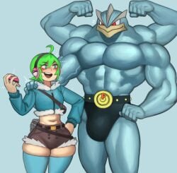 ahoge blue_eyes green_hair headphones hoodie machamp muscular_male original_character petite petite_female pokemon pokemon_(species) pokemon_trainer small_breasts sweatdrop