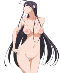 1girls ahoge black_eyes black_hair breasts female highres long_hair navel nipples nude original pubic_hair pussy shino_(comic_penguin_club) solo uncensored very_long_hair