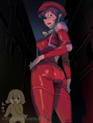 1girls arm_behind_back artist_name ass beret big_breasts bodysuit breasts busty devilman dog fang female female_only hair_over_one_eye hand_on_hip hat highres japanese_text large_breasts legs looking_at_viewer looking_back odonata open_mouth pose posing purple_hair red_eyes short_hair sideboob teeth thighs tongue translated voluptuous