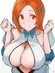 1girl bare_shoulders bleach bleach:_sennen_kessen-hen breasts cleavage cleavage_cutout clenched_hands closed_mouth clothing_cutout collarbone collared_shirt commentary_request cowboy_shot detached_sleeves forehead fukuya_art hair_ornament hairclip hands_up highres inoue_orihime juliet_sleeves large_breasts long_hair long_sleeves looking_at_viewer navel official_alternate_costume orange_eyes orange_hair parted_bangs puffy_sleeves shiny_skin shirt sidelocks signature simple_background sleeveless sleeveless_shirt smile solo split_mouth white_background white_shirt