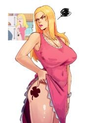 american_dad annoyed annoyed_expression annoyed_face annoyed_female armpit armpits bare_legs bare_shoulders bare_thighs big_breasts blonde blonde_female blonde_hair breasts canonical_scene cleavage cupperthesecond dress dress_lift exposed_legs fanart fanart_from_twitter female female_focus four-leaf_clover francine_smith huge_breasts large_breasts leg_focus leg_tattoo legs nipple_bulge pink_dress reference_image side_view tattoo tattoo_on_legs thick_thighs thighs tight_clothing tight_dress twitter_link upset voluptuous voluptuous_female