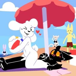 <3 2d 2girls3boys 3boys2girls animated_gif anthro beach beach_ball bikini bingo_(fringession) black_cat black_fur canid canid_humanoid canine canine_humanoid casual_nudity cat cringession dog dot_eyes embarrassed embarrassed_nude_male exhibitionism felid felid_humanoid feline feline_humanoid fringession furry furry_male gay_sex gif laying_down laying_on_back male male/male nude nude_male one_eye_closed outdoor_sex public public_nudity public_sex sex umbrella white_fur yellow_sclera