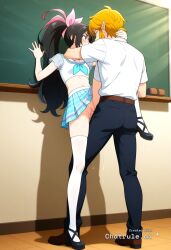 1girl against_wall ai_assisted ai_generated anime_screencap chalkboard checkered_skirt doggy_style doggy_style_sex dripping_pussy facing_forward forced from_behind hand_on_back hand_on_neck head_turned looking_away looking_away_from_viewer looking_forward midriff navel no_panties petite_girl plaid_skirt ponytail