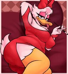 1girls 2026 2d 2d_(artwork) 2d_artwork anatid anseriform anthro areola areolae ass avian beak big_ass big_breasts bird bird_girl bow_(disambiguation) breasts cigarette cigarette_holder clothed clothed_female daisy_duck digital_art digital_drawing_(artwork) digital_media_(artwork) disney duck female furry furry_female laying_down laying_on_side neodrani red_bow red_dress red_eyeshadow slightly_chubby slightly_chubby_female solo tagme tongue tongue_out
