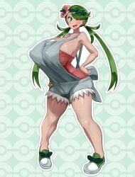 flower flower_in_hair green_hair huge_breasts kawahagitei mallow_(pokemon) one_piece_suit pokemon pokemon_sm sandals winking_at_viewer