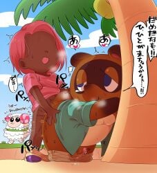 2020 anal animal_crossing anthro arm_support ass ass_grab belly bent_over bodily_fluids bottomwear bovid brown_body brown_fur butt_grab canid canine caprine chibi clothed clothing deme_0816 footwear from_behind_position fur gay genitals green_clothing green_shirt green_topwear hand_on_ass hand_on_butt heart hi_res horn human human_on_anthro interspecies japanese_text looking_back male male/male mammal nintendo open_mouth outside overweight overweight_male pants_down partially_clothed penis pink_clothing pink_horn pink_shirt pink_topwear purple_clothing purple_eyes purple_footwear purple_shoes raccoon_dog sex sheep shirt shoes shorts speech_bubble sweat tanuki text tom_nook topwear video_games