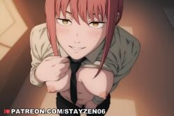 1girl ai ai_art ai_generated black_necktie black_pants blush breasts chainsaw_man clothes_lift clothes_pull collared_shirt female_pubic_hair from_above grin indoors lifted_by_self long_sleeves looking_at_viewer makima_(chainsaw_man) medium_breasts navel necktie nipples no_bra no_panties pants pants_pull parted_lips pubic_hair pulled_by_self pussy red_hair ringed_eyes seductive_smile shirt shirt_lift sidelocks smile solo white_shirt yellow_eyes