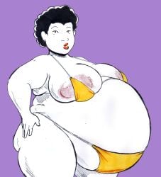 1girls areolae bikini black_eyes black_hair breasts canon_pregnancy chubby_female edit female golden_bikini golden_week gouda_yuriko hand_on_hip large_areolae lipstick massive_ass massive_breasts mayternity milf nasuokaa-san ore_monogatari pregnant ready_to_pop thick_thighs wide_hips