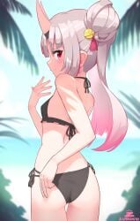 ass beach bikini demon_girl flat_chest girl hololive horn looking_at_viewer looking_back nakiri_ayame small_waist smirk zambonito