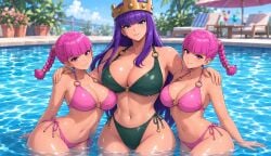 2d 2d_(artwork) 3girls ai_generated anime anime_style archer_queen_(clash_of_clans) archer_queen_(clash_royale) ass bikini blue_eyes braid braided_hair braided_ponytail breasts breasts_bigger_than_head clash_(series) clash_royale crown evolution_archer_(clash_royale) female female_focus female_only girls_only green_bikini high_resolution highres large_breasts looking_at_viewer matching_hair/eyes matching_outfit mother mother_and_daughter petite petite_body petite_female pink_bikini pink_eyes pink_hair purple_hair revealing revealing_clothes supercell swimming swimming_pool tall_female taller_female trio trio_female trio_focus twins