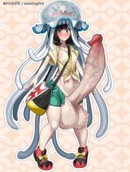 bag black_hair blushing hotpants huge_balls huge_cock kawahagitei nihilego pants_down pokemon pokemon_sm selene_(pokemon) tentacles topwear