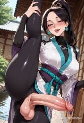 1futa ai_generated artist_name black_hair breasts earrings erection futanari futarush jewelry large_breasts long_hair looking_at_viewer open_mouth outdoors patreon patreon_username penis ponytail riot_games sage_(valorant) smile solo split standing standing_on_one_leg standing_split sultryspark testicles uncensored valorant