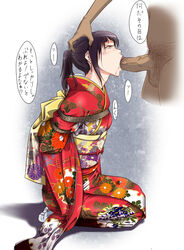 arms_behind_back bondage black_hair bondage earrings fellatio hand_on_head highres japanese_clothes jewelry kimono obi oral original penis sakuraba_tsukasa seiza short_ponytail sitting solo sweatdrop tabi tear uncensored