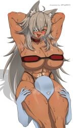 1boy 1girl abs ahoge animal_ear_fluff animal_ears armpits arms_behind_head arms_up aroused bandeau bandeau_bikini bare_arms bare_legs bare_shoulders biceps bikini blush body_blush breasts breath cat_ears cat_girl choker cleavage clenched_teeth collarbone dark-skinned_female dark_skin double-parted_bangs eyelashes eyepatch faceless faceless_male facial_scar femdom ghislaine_dedoldia grey_hair hair_between_eyes hands_on_another's_thighs head_between_thighs hetero highleg highleg_bikini highleg_panties highres hip_bones huge_breasts knees large_breasts leg_lock linea_alba long_hair looking_at_another looking_down muscular muscular_arms muscular_female muscular_legs mushoku_tensei naughty_face navel nose nose_blush obliques one_eye_covered open_mouth panties red_bandeau red_choker scar scar_on_cheek scar_on_face scar_on_stomach shadow sharp_teeth sidelocks simple_background sitting skindentation smile squeezing stomach string_bikini sweat swimsuit teeth thick_thighs thigh_grab thighs tongue tongue_out tsurime twitter_username underboob underwear upper_teeth_only watermark white_background