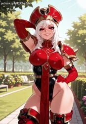 1girl 2026 ai_generated anime arm_behind_head arm_up armor armpits bangs belt boobs boots breasts cleavage covered_nipples cowboy_shot crossover day elbow_gloves eye_contact female female_focus gloves grin groin hand_on_hip handwear hat highleg highleg_leotard highres huge_breasts large_breasts leotard long_hair looking_at_viewer nsfw outdoors parted_lips patreon pauldrons pelvic_curtain plant red_eyes red_footwear red_gloves red_headwear red_thighhighs rognezart sally_whitemane shoulder_armor smile smiling solo teeth thick_thighs thigh_boots thighhighs thighs tree very_long_hair warcraft white_hair world_of_warcraft