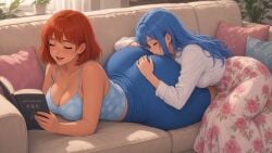 ai_animated ai_generated ass_pillow blue_eyes blue_hair bob_cut butt_pillow ciann_(jdelta) couch cute fully_clothed futa_with_female huge_ass huge_butt jdelta long_skirt oc original_character reading reading_book red_hair relaxing rubbing_ass sleeping_on_ass sleeping_on_person sleeping_together suki_chinbokki tagme video yuri