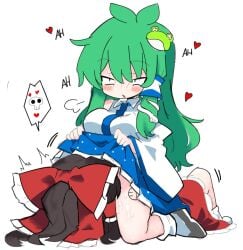 2girls alice_grimm blue_skirt blush bow brown_hair clothes_lift collared_shirt commentary cunnilingus detached_sleeves english_commentary frilled_bow frilled_hair_tubes frills frog_hair_ornament girl_on_top green_eyes green_hair hair_bow hair_ornament hair_tubes hakurei_reimu kochiya_sanae lifting_own_clothes long_hair lying moaning multiple_girls no_panties on_back oral pussy_juice red_bow red_skirt shirt single_hair_tube sitting_on_face skirt skirt_lift sleeveless sleeveless_shirt snake_hair_ornament socks touhou white_shirt white_socks yuri
