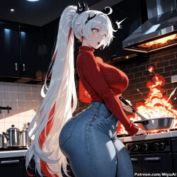 1girl ahoge ai_assisted ai_generated ass bag bangs blue_eyes breasts curvaceous curvy curvy_female curvy_figure denim earrings female honkai_(series) jeans jewelry kiana_kaslana large_breasts long_hair looking_at_viewer miyuai multicolored_hair night open_mouth pants ribbed_sweater solo streaked_hair sweater thick thick_ass thick_butt thick_hips thick_legs thick_thighs very_long_hair voluptuous voluptuous_female white_hair wide_hips wide_thighs