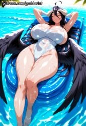 1girl ai_generated albedo_(overlord) bokeh_background breasts curvy from_above full_body gaddariat half-closed_eyes horns huge_breasts large_breasts looking_at_viewer overlord_(maruyama) patreon seductive_smile slim_waist solo swimsuit top-down_view voluptuous wet_skin wings