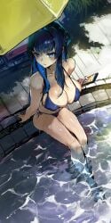 1girls areolae_bulge big_breasts bikini bikini_bottom bikini_top blue-hair blue_eyes blush blushing braided_hair breast_squish breasts cleavage clothed clothed_female daytime detailed_background dripping_wet feet_in_water female hair_between_eyes hair_intakes hair_vents hand_on_ground hips holding_phone hololive hololive_english hololive_english_-council- hololive_english_-promise- huge_breasts large_breasts legs_in_water light-skinned_female light_skin long_hair long_legs looking_away midriff navel nipple_bulge ouro_kronii overflowing_breasts pool poolside seated shaded shiny_skin side_tie_bikini sideboob sitting smartphone solo solo_focus sunny swimsuit swimwear thighs top_down_view umbrella using_phone virtual_youtuber vyragami water wet_bikini wet_body wet_clothing wet_hair wide_hips