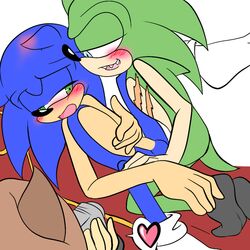 anthro anthrofied blue_eyes blue_hair blush fur green_body green_eyes hair hedgehog male male_only mammal multiple_males nekoru open_mouth penis scar scourge_the_hedgehog sega sex sonic_(series) sonic_the_hedgehog teeth yaoi