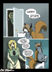 anthro anthro_only blush bottomless breasts canine caught chelsea_(original_character) comic door feline female fox fur furry lacey_(meesh) male meesh nipples nude sex straight the_valet_and_the_vixen tommy wink