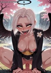1boy 1girl 2026 ai_generated anime assertive_female black_kimono black_wings blush boobs breasts cleavage cowgirl_position crossover day demon_wings drooling erection explicit exposed_nipples feathered_wings female female_focus flushed girl_on_top halo hazbin_hotel hazbin_hotel_(season_2) heart heart-shaped_pupils hetero highres japanese_clothes kimono lute_(hazbin_hotel) makeup male medium_breasts moaning nipples nsfw obi open_mouth outdoors patreon penis pov pussy pussy_juice rognezart saliva sash sex sexual_intercourse short_hair smile smiling solo solo_focus spread_pussy squatting squatting_cowgirl_position straddling straight symbol-shaped_pupils teeth tongue tongue_out tree uncensored vaginal vaginal_penetration water white_hair wings yellow_eyes