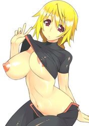 blonde_hair breasts charlotte_dunois clothes_lift female infinite_stratos large_breasts navel nipples pilot_suit purple_eyes ryuuta_(msxtr) shiny shiny_clothes shiny_skin shirt_lift skin_tight solo unaligned_breasts v