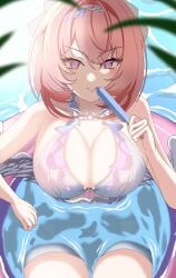1girl absurdres afloat breasts cleavage commentary_request food highres holding holding_food holding_popsicle innertube large_breasts looking_at_viewer medium_hair official_alternate_costume one-piece_swimsuit pink_hair popsicle purple_eyes remielle_dan remielle_dan_(seashade_pas_seul) smile solo swim_ring swimsuit water white_one-piece_swimsuit zenless_zone_zero