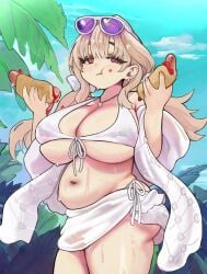belly curvy eating fat fat_female goddess_of_victory:_nikke holding_food hot_dog huge_breasts innie_navel plump slightly_chubby thick_thighs tia_(nikke) tia_(sea_lizzie)_(nikke) tummy voluptuous wide_hips