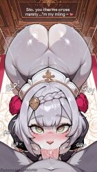 1boy 1girl ai_generated ass bangs blush braid breasts decurse english_text fellatio flower genshin_impact green_eyes grey_hair hair_flower hair_ornament heart heart-shaped_pupils hetero interspecies looking_at_viewer maid_headdress noelle_(genshin_impact) oral penis pov red_flower red_rose rose saliva short_hair solo_focus symbol-shaped_pupils uncensored