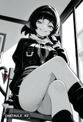 1girl ai_assisted ai_generated beautiful day dress fingerless_gloves general grayscale grin high_contrast highres indoors jane_doe looking_at_viewer no_nose perfect_anatomy pussy sharp_teeth sitting_on_chair slit_pupils smug socks tail upskirt_view
