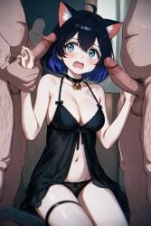 1boy 1girls age_difference ai_generated before_rape before_sex black_hair blue_eyes blue_hair blush blushing camera_view cat_ears cat_tail catgirl cheating clothed clothing cuckold cuckolding forced handjob holding honkai_(series) honkai_impact_3rd horror ntr orgy raped_female scared seele_vollerei short_hair shy size_difference submissive submissive_female surrounded surrounded_by_men surrounded_by_penises vhs_filter