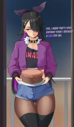 black_hair cake english_dialogue english_text femboy hoshikawa_(recentstararts) jean_shorts magicorps_(alterkyon) piercing ribbon short_shorts thick_thighs thigh_gap zukka_(tista_brazukka/notzukka)