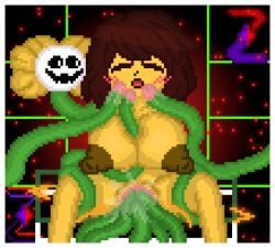 1boy 1girls areolae big_breasts blushing breasts creepy_smile flowey_the_flower frisk frisk_(undertale) large_breasts multiple_penetration nipples pixel_art pussy pussy_ejaculation pussy_ejaculation_while_penetrated pussy_juice self_upload tentacle tentacle_penis tentacle_sex tentacles_around_legs tentacles_between_breasts tentacles_in_pussy undertale undertale_(series) vaginal vaginal_penetration vaginal_sex vine_bondage vine_tentacles vines zixy
