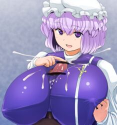 breasts cap censored cum ejaculation huge_breasts letty_whiterock masami_t open_mouth paizuri paizuri_under_clothes penis penis_under_clothes purple_eyes purple_hair short_hair smile touhou