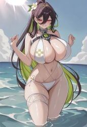 ai_generated beach bikini black_hair breasts flower flower_in_hair flower_on_head goddess_of_victory:_nikke green_hair guilty_(nikke) hair_between_eyes half-closed_eyes huge_breasts large_breasts long_hair navel ocean pale_skin pale_skinned_female partially_submerged ponytail purple_eyes thick_thighs thighs two-tone_hair voluptuous voluptuous_female white_bikini