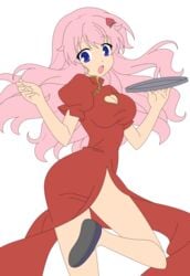 ass baka_to_test_to_shoukanjuu blue_eyes china_dress female hair_ornament highres himeji_mizuki legs long_hair open_mouth photoshop pink_hair thighs vector_trace