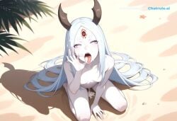 1girl ai_assisted ai_generated awaiting_cum beach colored_skin cum_in_hair cum_on_face cum_on_hands fellatio_gesture full_body horns kaguya_otsutsuki kneeling lipstick long_hair naked no_pupils open_mouth oral_invitation pale_skin sharingan third_eye tongue_out view_from_above white_eyes white_hair