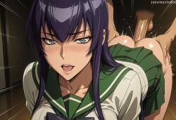 1boy 1girl ai_generated artist_name ass ass_grab bent_over black_bow black_hair blue_eyes blush bow breasts busujima_saeko clothed_sex clothing collarbone doggystyle emphasis_lines female green_sailor_collar green_skirt hair_between_eyes hands_on_ass heart-shaped_pupils hetero highschool_of_the_dead indoors jousneystudio large_breasts long_hair looking_at_viewer male miniskirt open_mouth penis pleated_skirt purple_hair saeko_busujima sailor_collar saliva school_uniform serafuku sex sex_from_behind shirt sidelocks skirt solo_focus symbol-shaped_pupils taken_from_behind teeth testicles uniform upper_teeth_only white_shirt
