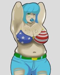 1girl armpit armpits arms_behind_head arms_up bbw belly big_breasts big_lips bikini bikini_top blue_hair blue_lipstick boobs chubby chubby_female doggie_bones fat fat_female fat_lips female female_only freckles freckles_on_breasts freckles_on_face green_eyes happy_heart_panic honeyblossom3469 plump plump_lips posing ripped_pants sam_(doggie_bones) sweat sweaty sweaty_body thicc thick thick_thighs tight_bikini wide_hips wink winking_at_viewer
