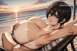 1girl ai_assisted ai_generated attack_on_titan beach bikini black_hair blue_eyes breasts_touching curvy depth_of_field enormous_breasts from_behind grey_eyes hanging_breasts large_eyes leaning_back looking_back mikasa_ackerman ocean oversized_breasts perfection purple_eyeshadow showing_off_breasts sitting solo stretching sunbathing sunset tan_lines thick_thighs tiny_waist topless triangle_bikini uncensored upper_body