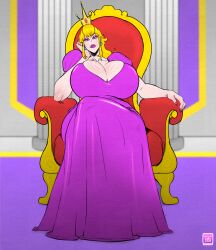 1futa aged_up annoyed_expression blonde_hair breasts cleavage clothed clothing crown dittochad dress english_text female flaccid full_body fully_clothed futa_only futanari hourglass_figure huge_breasts human intersex legs_crossed light-skinned_futa light_skin mario_(series) mascara mature mature_futa milf princess_peach queen sitting sitting_on_chair sitting_on_throne solo text throne wide_hips wrinkles