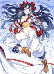 1girls ainu_clothes baggy_pants big_breasts black_hair blue_eyes blunt_bangs blunt_ends blush boots bow breasts brown_boots busty cameltoe cleavage clenched_teeth covered_clitoris covered_erect_nipples erect_clitoris female female_only fingerless_gloves from_above gloves hair_bow hair_ribbon hairband highres huge_bow impossible_clothes injury king_of_fighters kodachi long_hair looking_at_viewer lying medium_breasts nakoruru niko_(tama) off_shoulder on_back open_mouth panties pants pointy_breasts pose posing pussy_juice red_bow red_hairband reverse_grip ribbon samurai_shodown sash serious short_sword snk snow solo sword teeth thong torn_clothes torn_pants underwear very_long_hair voluptuous weapon white_panties yellow_sash