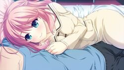 adorable bed breasts clothed clothed_female clothing cute female female_focus lying_on_side making_lovers male medium_breasts pajamas pink_hair straight takanashi_ako young