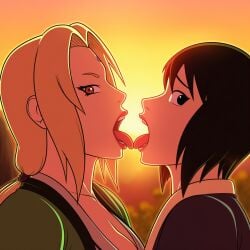 2girls ai_generated black-eyed_female black-haired_female black_eyes black_hair blonde-haired_female blonde_female blonde_hair brown-eyed_female brown_eyes french_kiss light-skinned light_skin long-haired_female long_hair mark_on_forehead naruto naruto_(series) naruto_shippuden novelai outdoors outside shizune short-haired_female short_hair side_view tongue tongue_kiss tongue_out tsunade