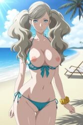 1girl ai_generated ann_takamaki ass_visible_through_thighs beach bikini bikini_bottom_aside blonde_hair blue_bikini blue_eyes blue_sky blush breasts breasts_out censored chair closed_mouth clothes_pull clothing_aside cloud collarbone cowboy_shot day digitalwaifugallery floral_print front-tie_bikini_top front-tie_top hair_ornament hairclip halterneck hi_res high_quality high_resolution large_breasts long_hair looking_at_viewer mosaic_censoring navel nipples ocean outdoors palm_tree patreon persona_5 pussy scrunchie seductive sexy side-tie_bikini_bottom sky solo standing stomach sunlight swept_bangs swimsuit thigh_gap tree twintails uncensored watermark wavy_hair wrist_scrunchie