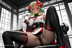1girl ai_assisted ai_generated bare_shoulders beautiful black_sash black_thighhighs dark_skinned_female day detached_sleeves dress earrings elbow_gloves fire_emblem fire_emblem_heroes fishnet_pantyhose fishnet_top general grayscale green_hair grin hair_between_eyes hair_flower half_gloves high_contrast highres indoors looking_at_viewer mask_on_head multicolored_hair ninja no_nose perfect_anatomy pussy red_eyes sharp_teeth sitting_on_chair sleeveless slit_pupils smug socks tabi upskirt_view white_dress white_gloves white_sleeves