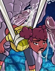 1girls 2boys afro_puffs april_o'neil april_o'neil_(rise_of_the_tmnt) ass bent_over buttjob cum cumming dark-skinned_female dark_skin erection female from_behind huge_cock liquidmark male mmf_threesome muscular muscular_male open_mouth oral oral_sex penis rise_of_the_teenage_mutant_ninja_turtles saliva_string size_difference teenage_mutant_ninja_turtles threesome